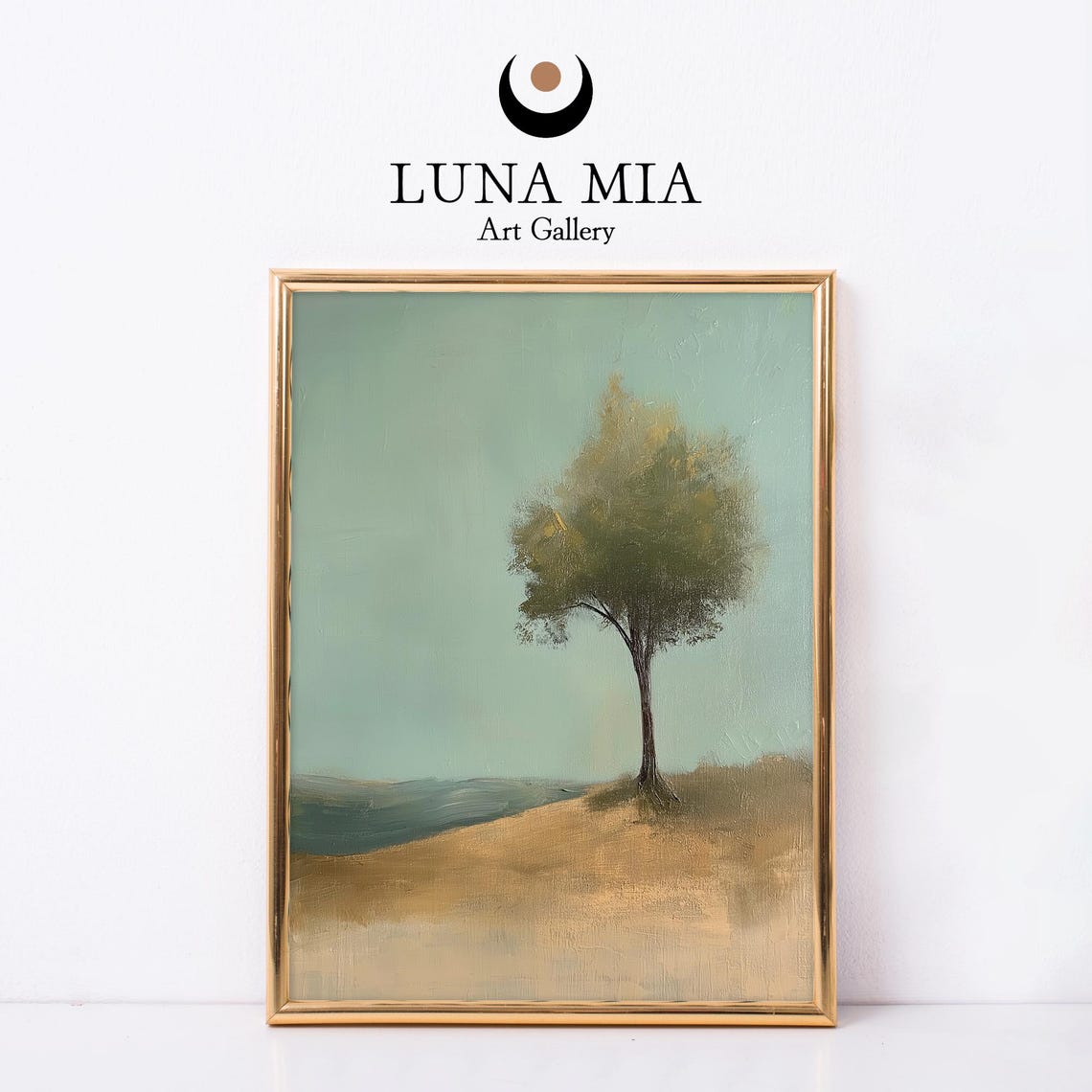 Lone Tree Sandy Hill Sage Green Minimalist Calm Landscape Wall Print