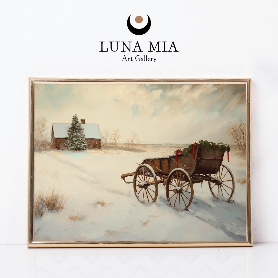 Vintage Holiday Wagon in Snowy Field Rustic Christmas Decor Poster