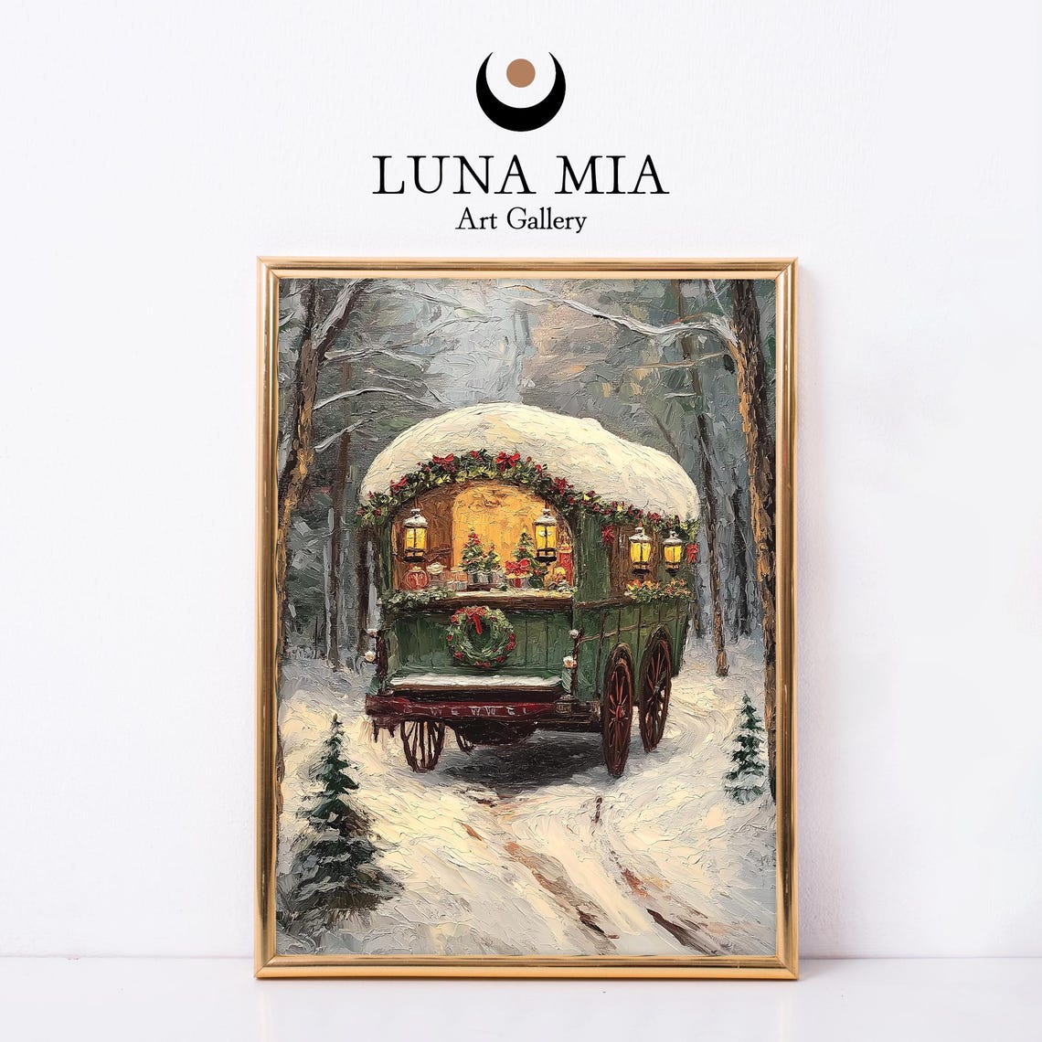 19th Century Wagon Shop Oil Painting Vintage Wall Art With Handmade Christmas Gifts Lanterns Wreaths Snowy Warm Holiday Glow
