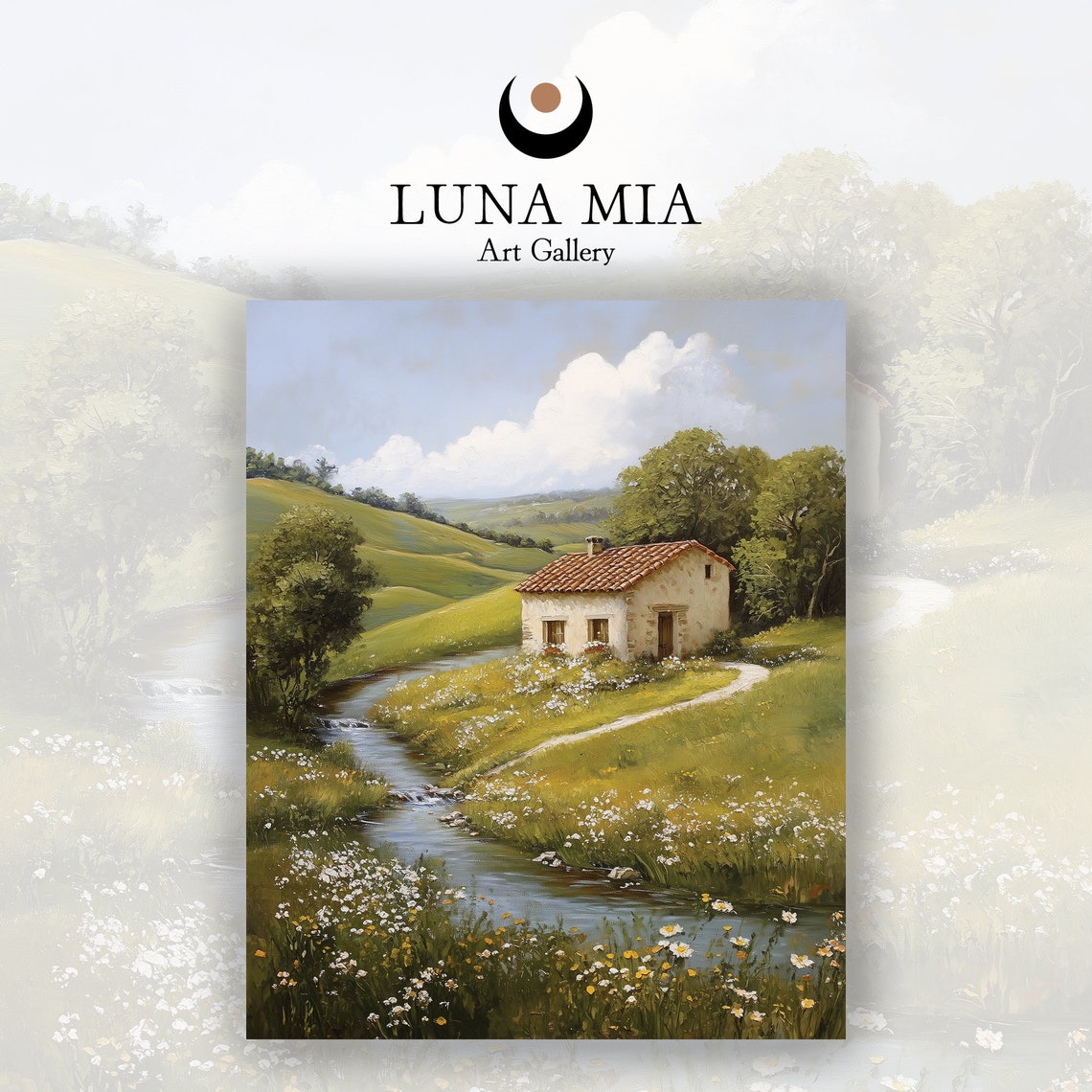 Countryside Cottage Stream Wildflower Meadow Oil Painting Poster - Image 2