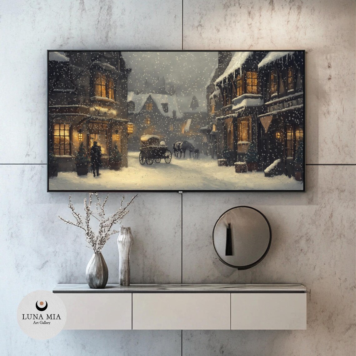 Victorian Village Street With Horse Carriage In Heavy Snowfall Poster - Image 2