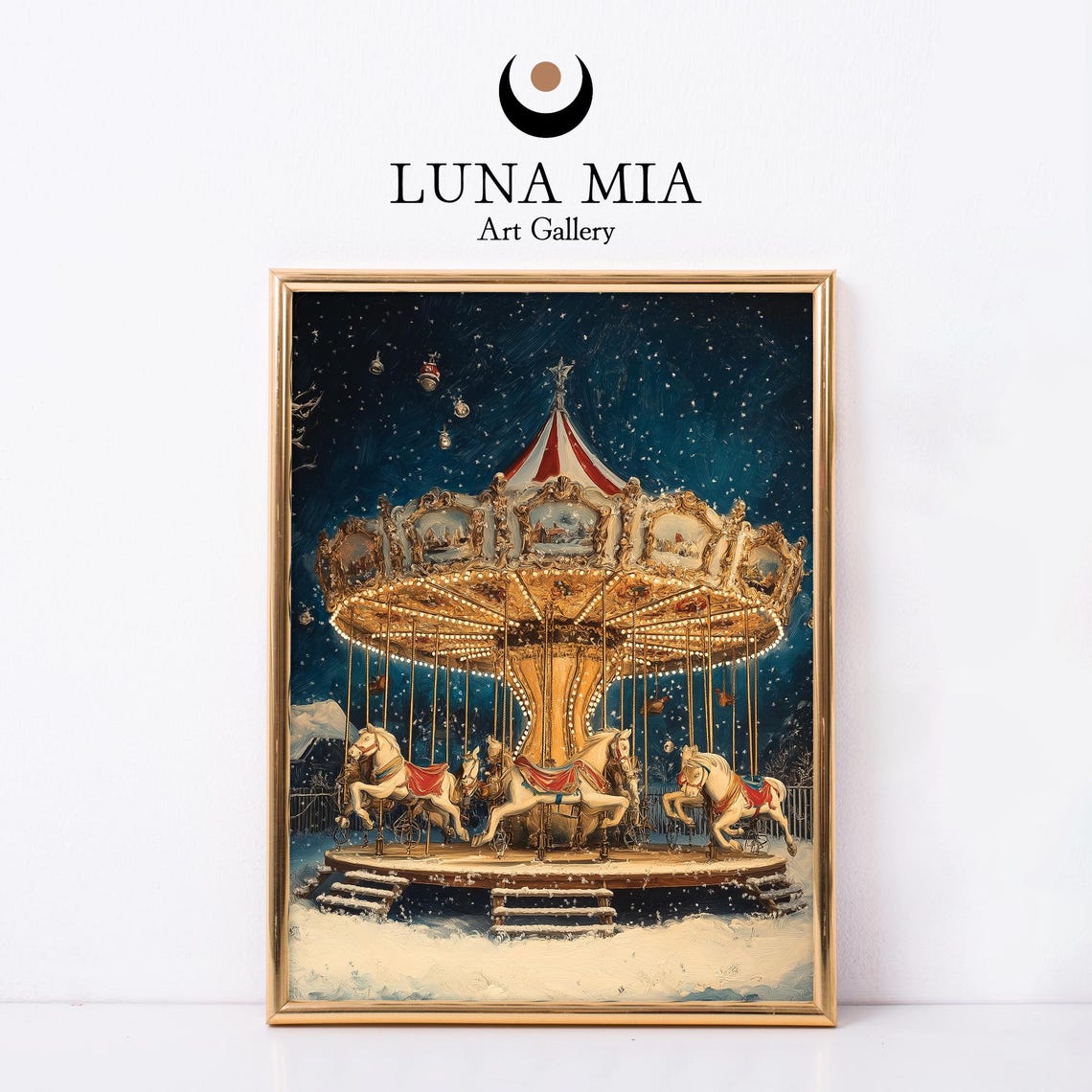 Vintage Christmas Carousel In Falling Snow Under A Starry Sky Poster