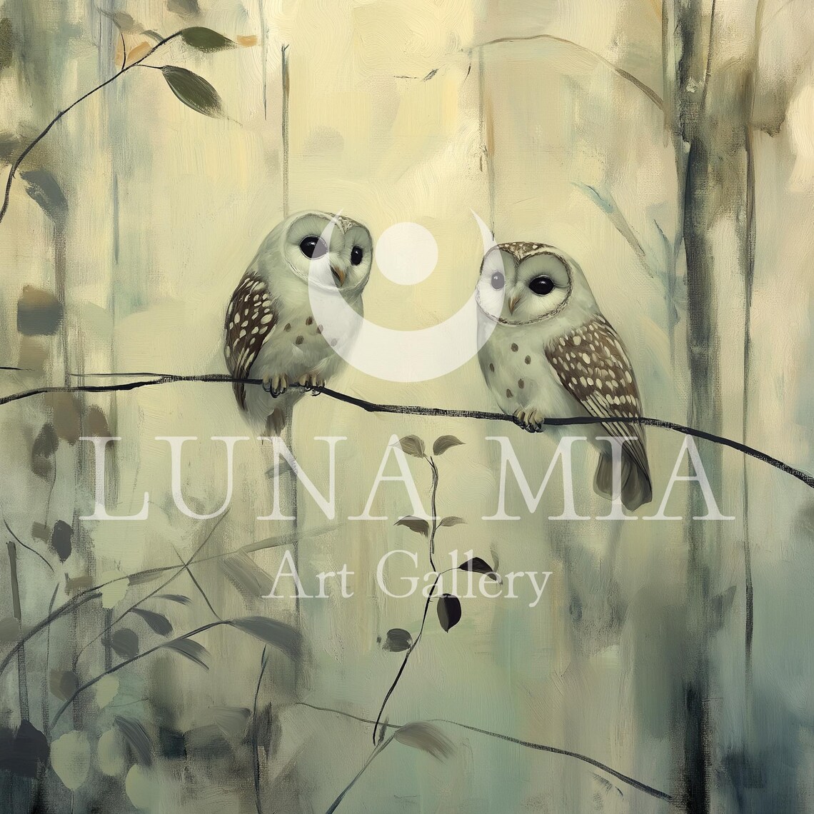 Two Owls Perched On A Branch In A Soft Sage Misty Woodland Poster - Image 5