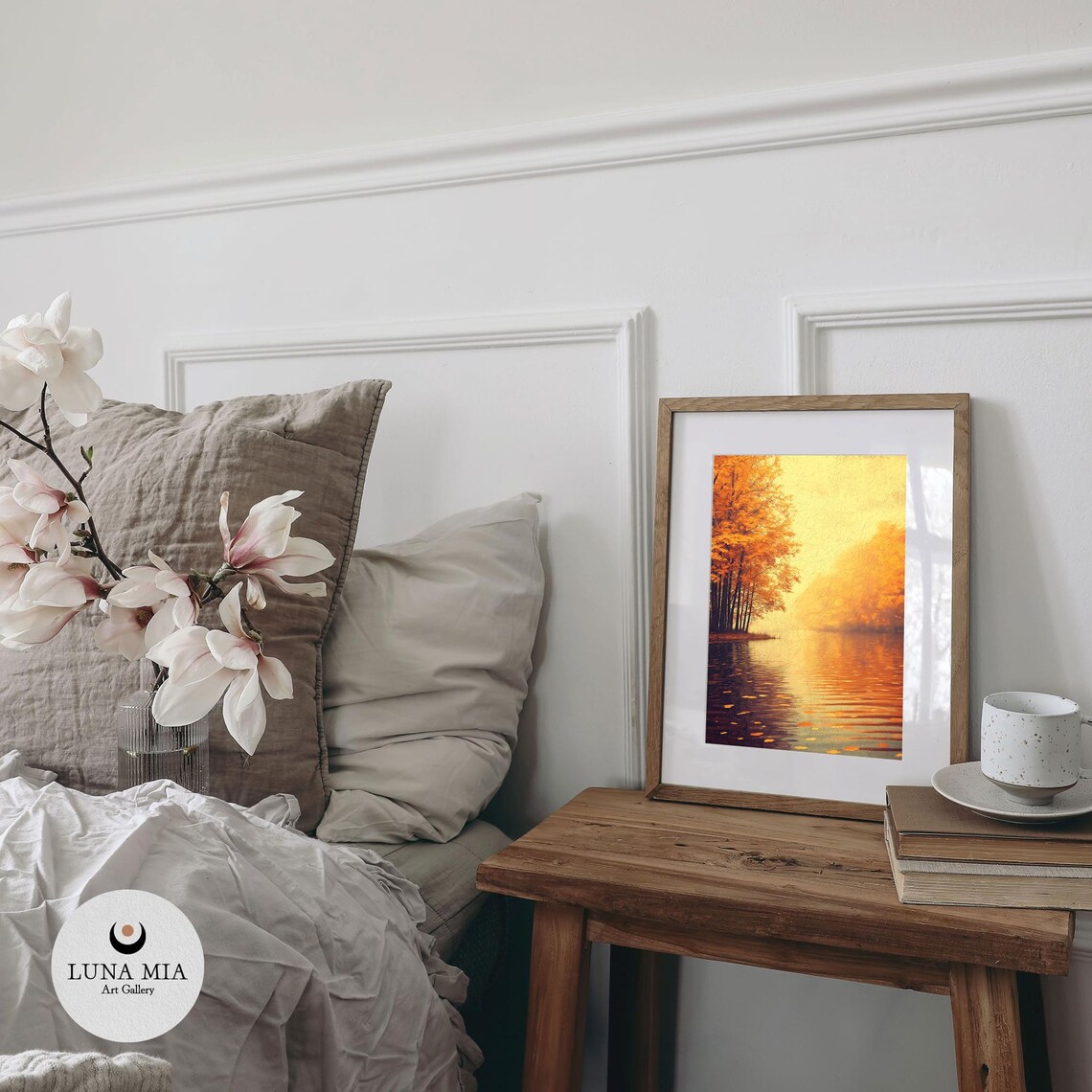 Golden Autumn Lake Reflection Floating Leaves Oil Painting Poster - Image 2