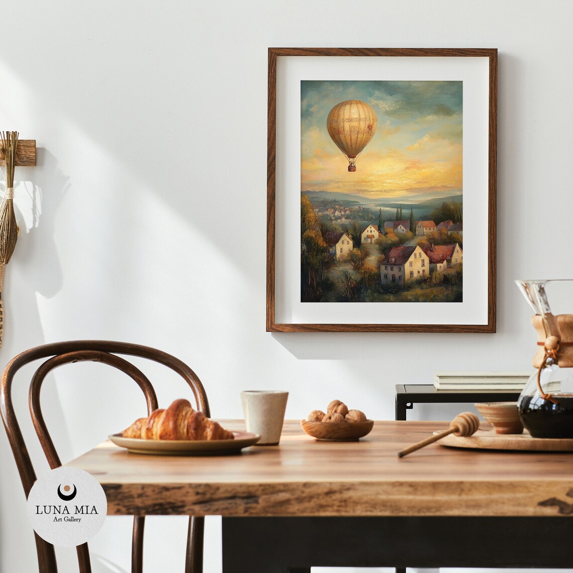 Vintage Hot Air Balloon Drifting Over Village at Sunset Poster - Image 4