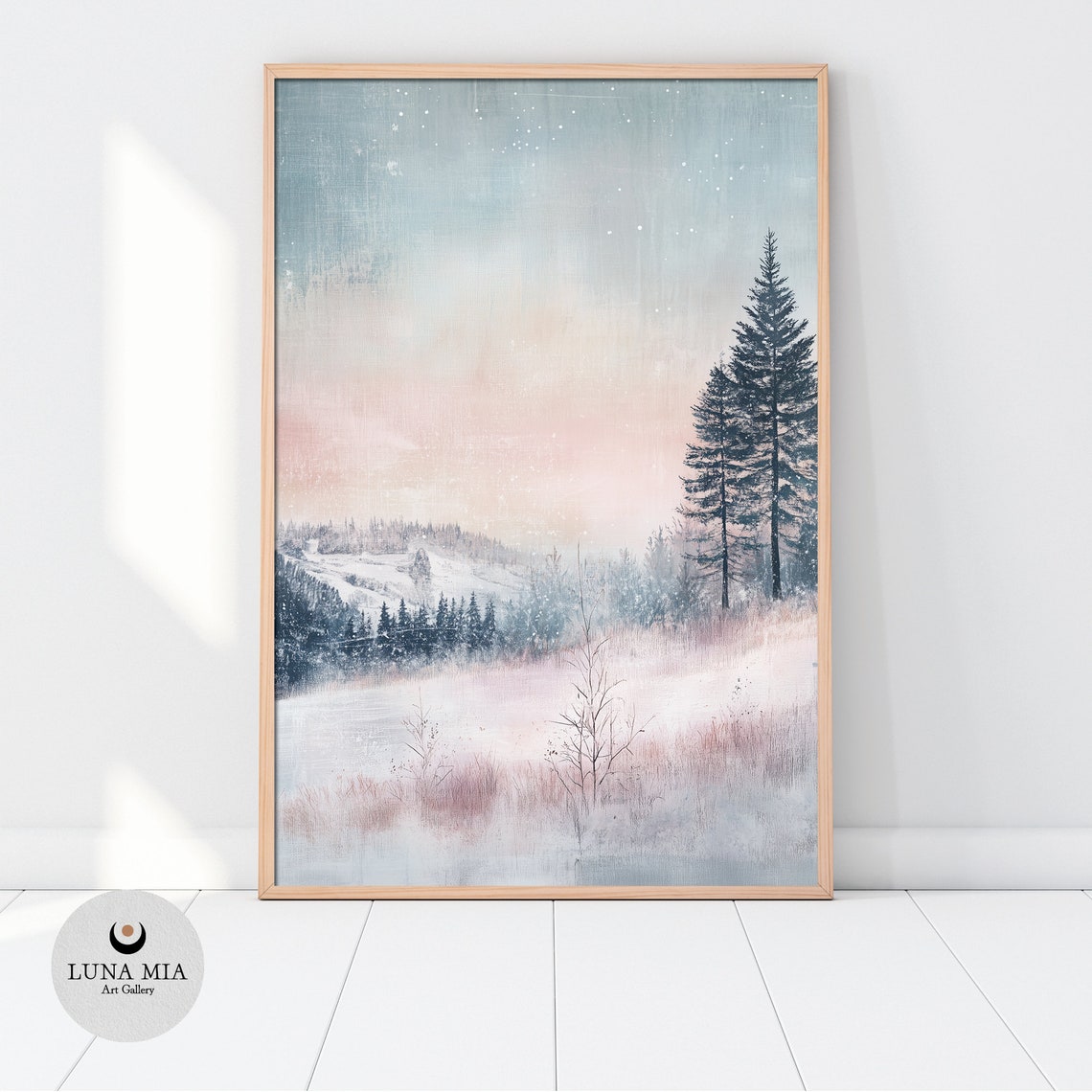 Pastel Snowy Winter Landscape With Pine Trees Watercolor Style Poster - Image 2
