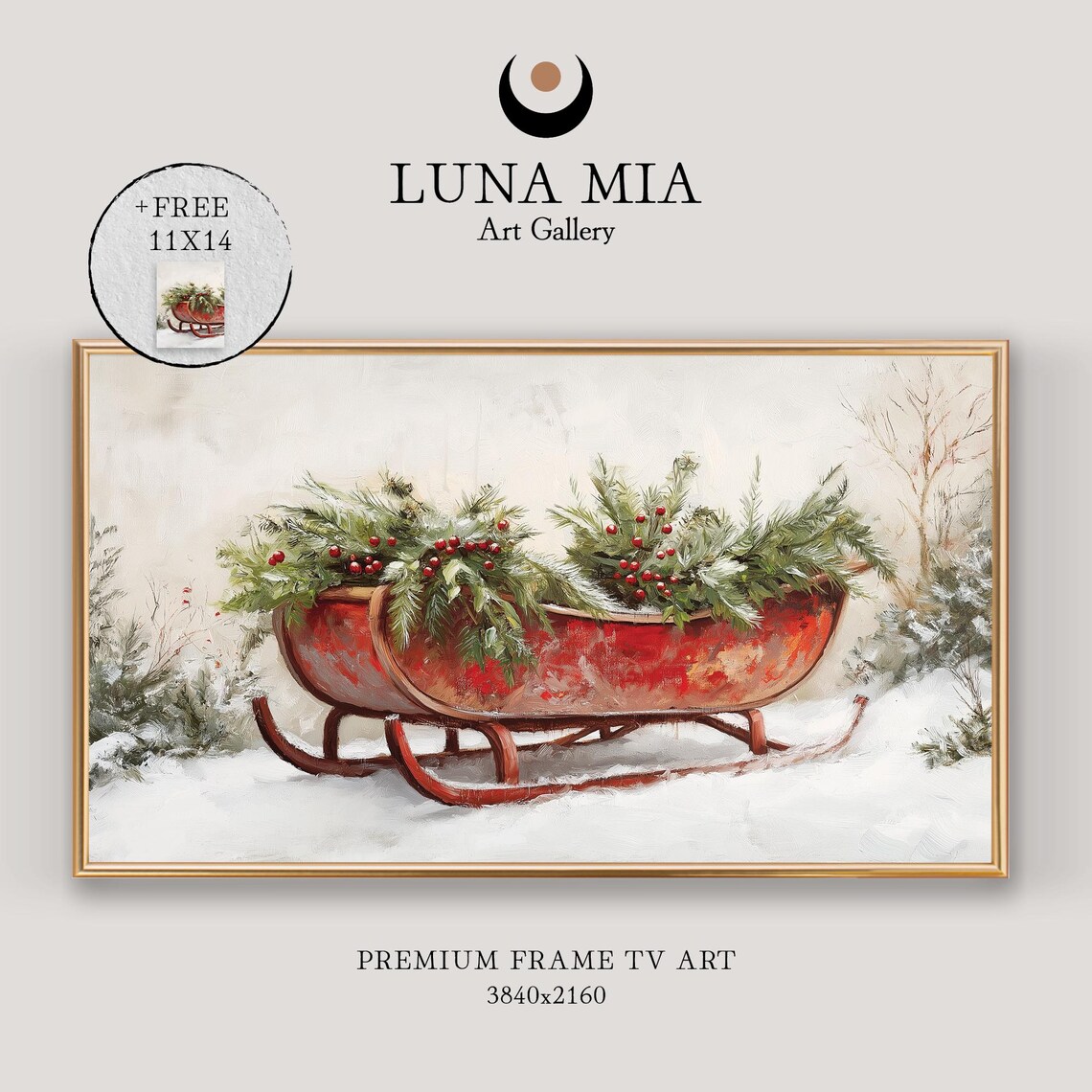 Red Sleigh Filled With Evergreens And Berries In Snow Christmas Poster