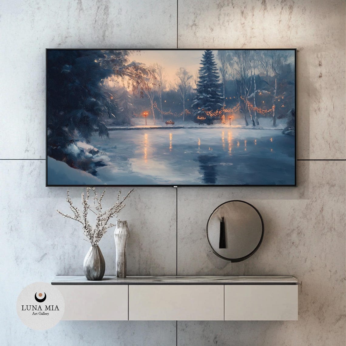 Frozen Lake At Dusk With Glowing String Lights Winter Evening Poster - Image 2