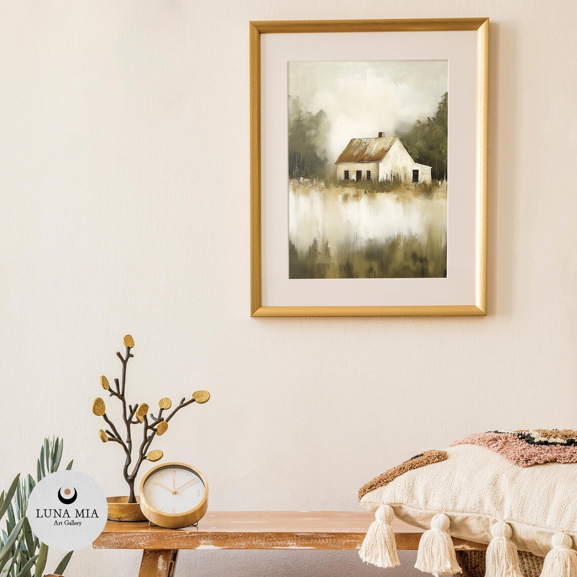 Old White Country Cottage In Misty Green Field Oil Painting Poster - Image 3