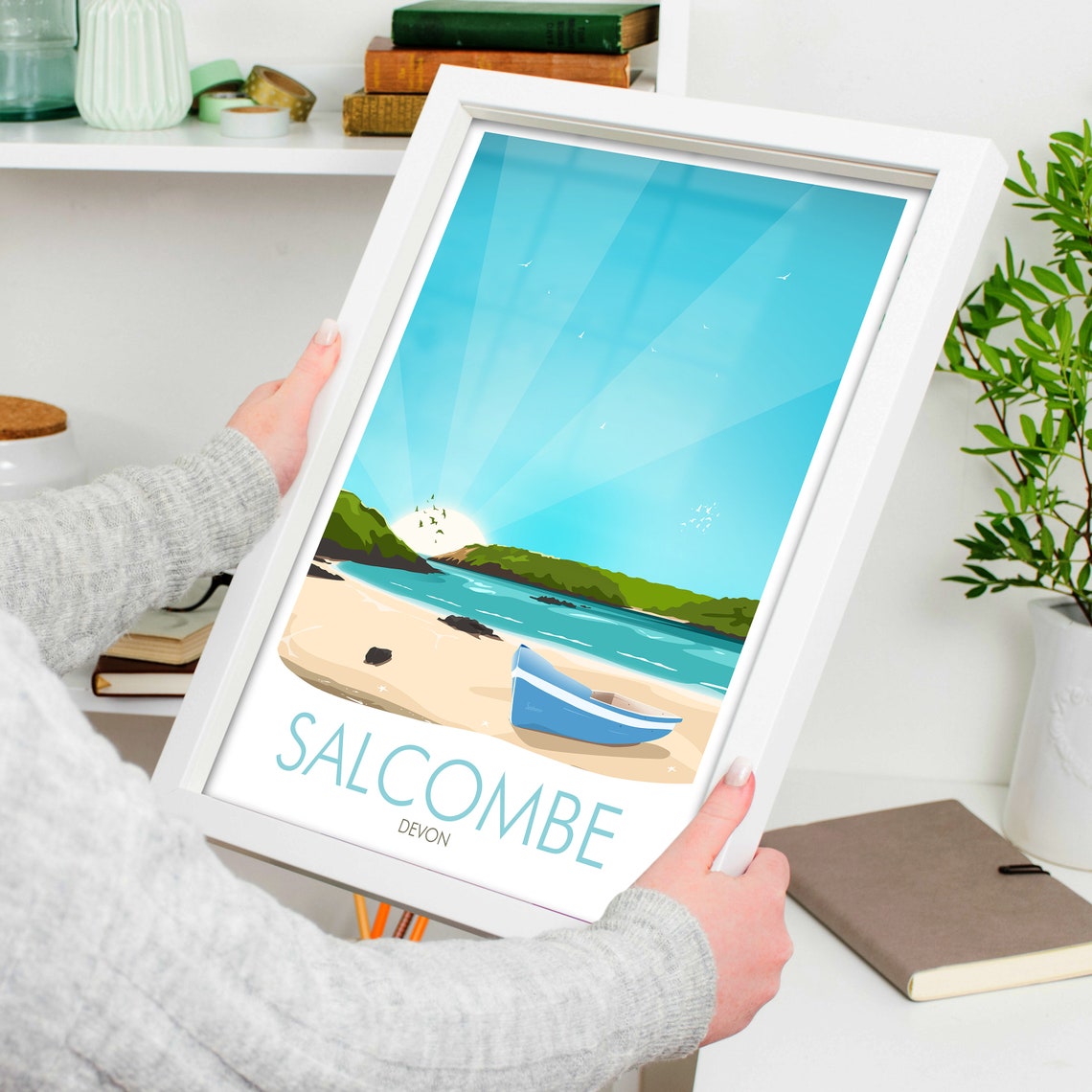 Salcombe Devon Beach Boat Blue Sky Coastal Seaside Art Poster - Image 3
