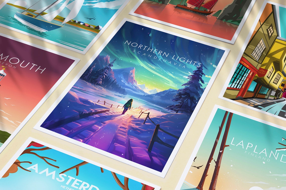 Northern Lights Scandinavia Aurora Snowy Night Travel Poster - Image 3
