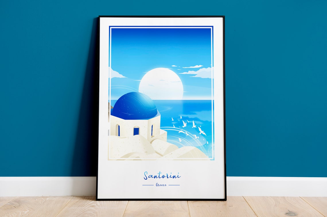 Santorini Greece Blue Dome Church Aegean Sunset Travel Poster