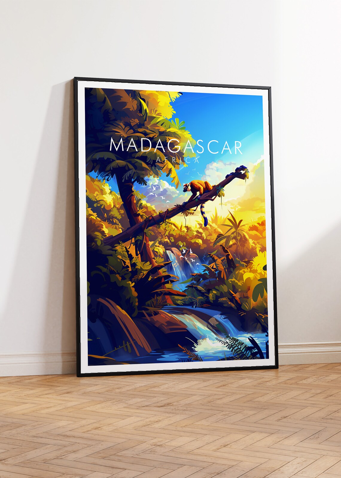 Madagascar Africa Lemur Jungle Waterfall Vintage Style Poster - Image 2