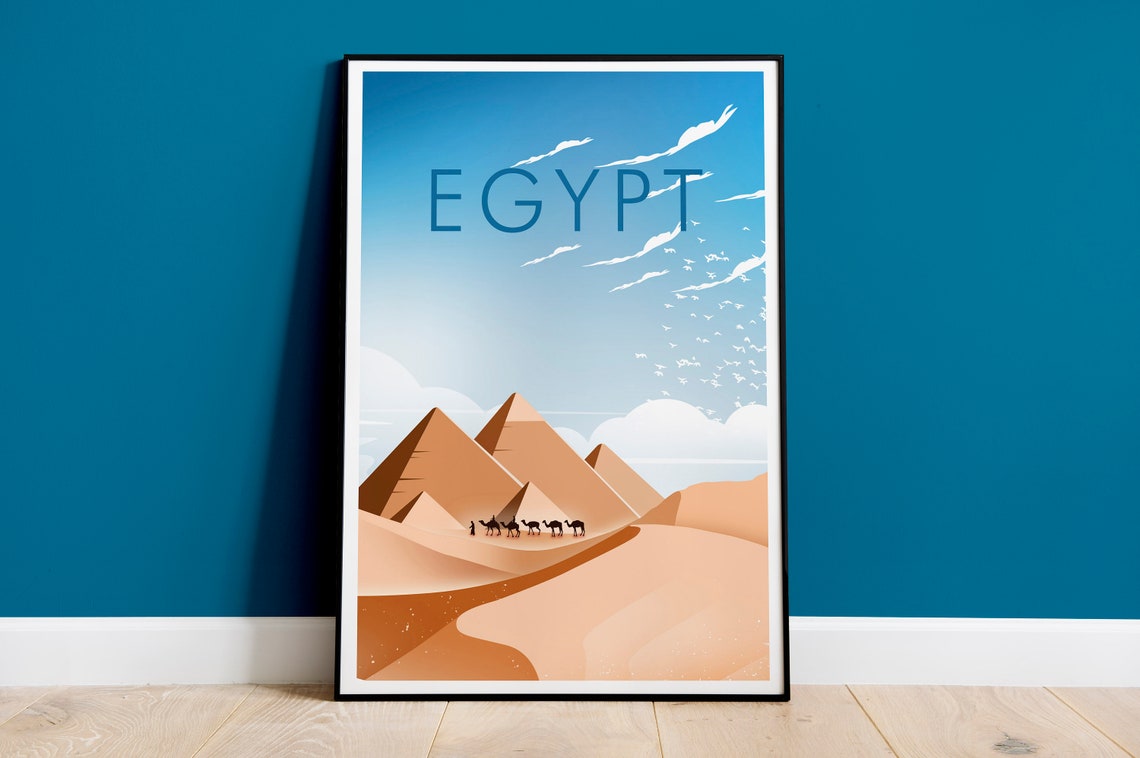 Egypt Pyramids Camel Caravan Desert Dunes Minimalist Travel Poster