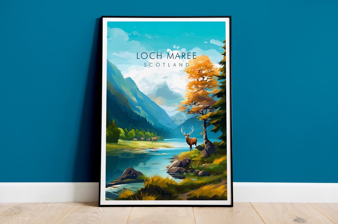Loch Maree Scotland Deer by the Lake Autumn Highlands Art Poster