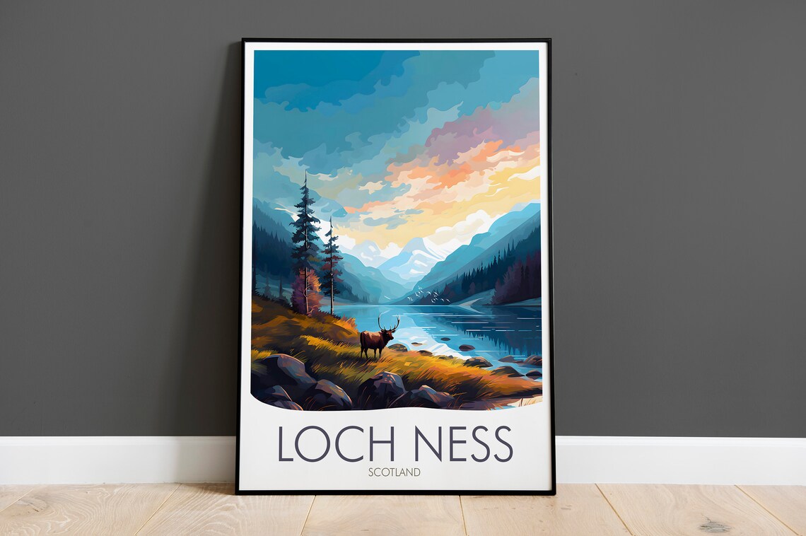 Loch Ness Scotland Stag at Sunset Lake Vintage Nature Travel Poster