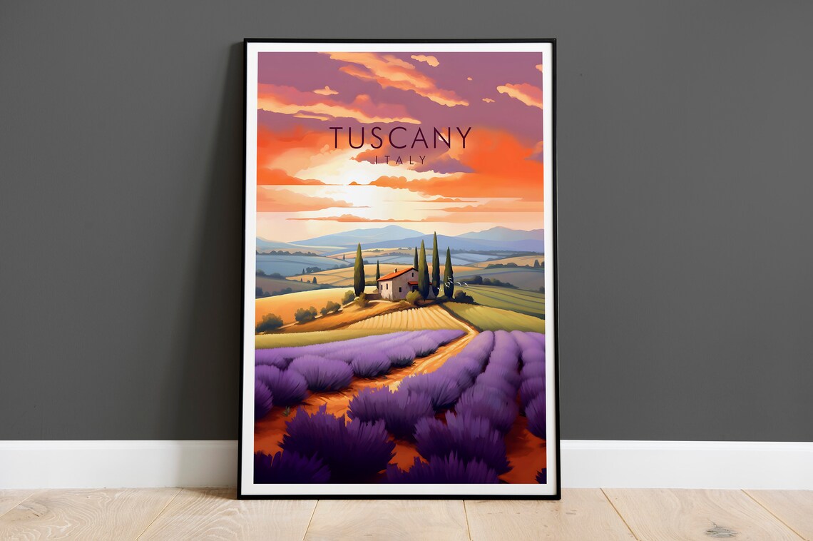 Tuscany Italy Lavender Farm Sunset Rolling Hills Travel Art Poster