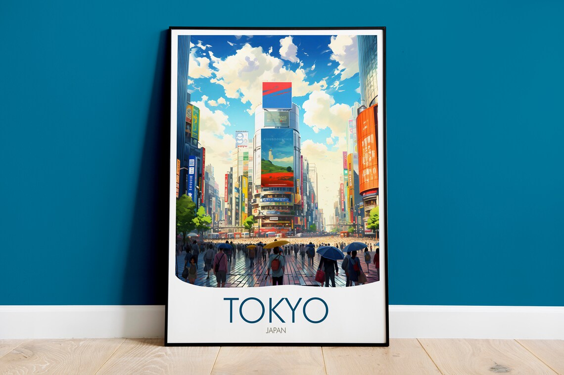 Tokyo Japan Crowded Street Umbrella Rain Neon Signs Travel Poster