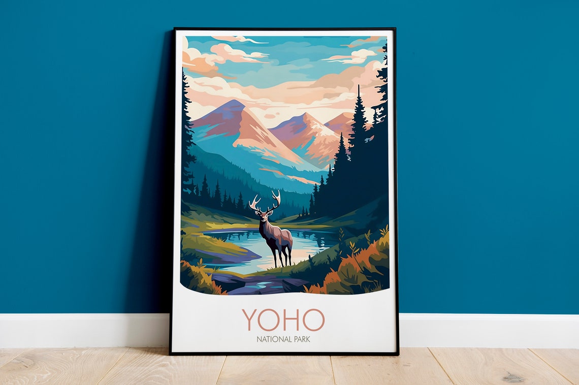 Yoho National Park Canada Stag Lakeside Peaks Scenic Travel Poster