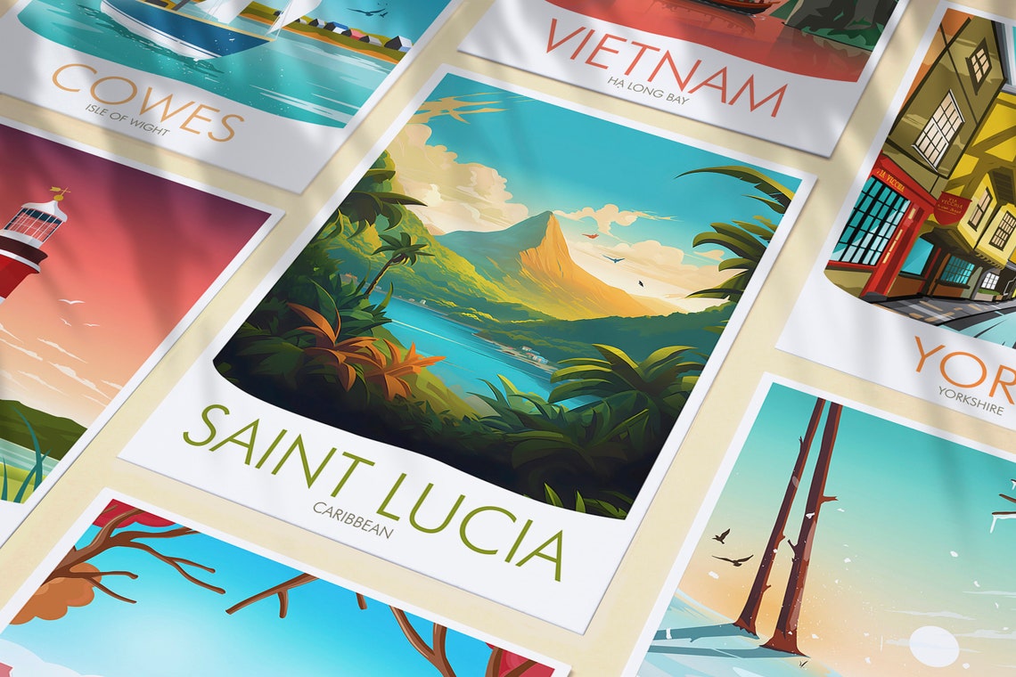 Saint Lucia Caribbean Volcanic Peak Tropical Bay Travel Poster - Image 3