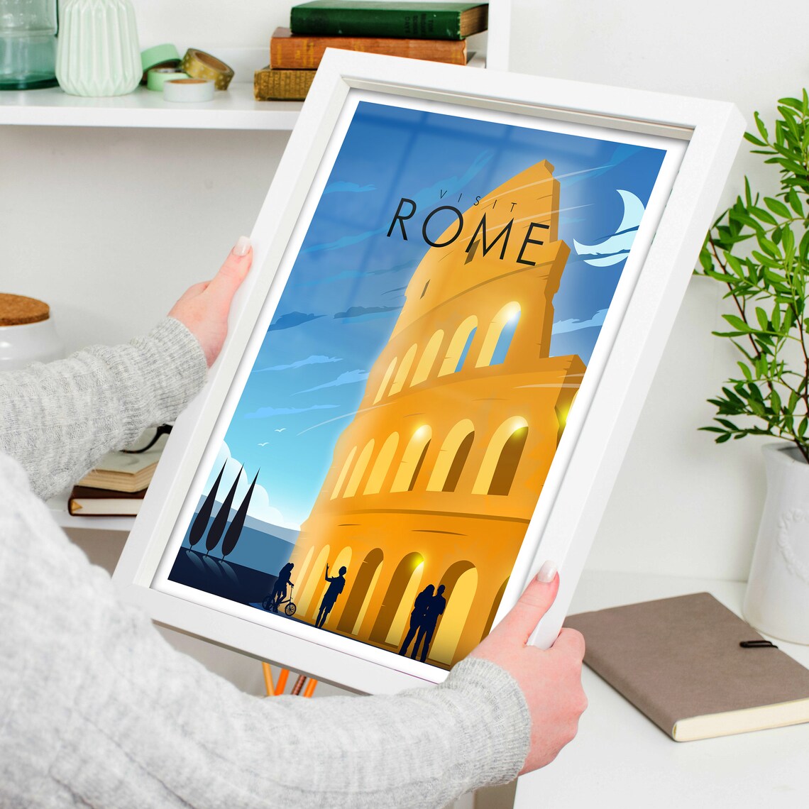 Visit Rome Italy Colosseum Golden Night Crescent Moon Poster - Image 4