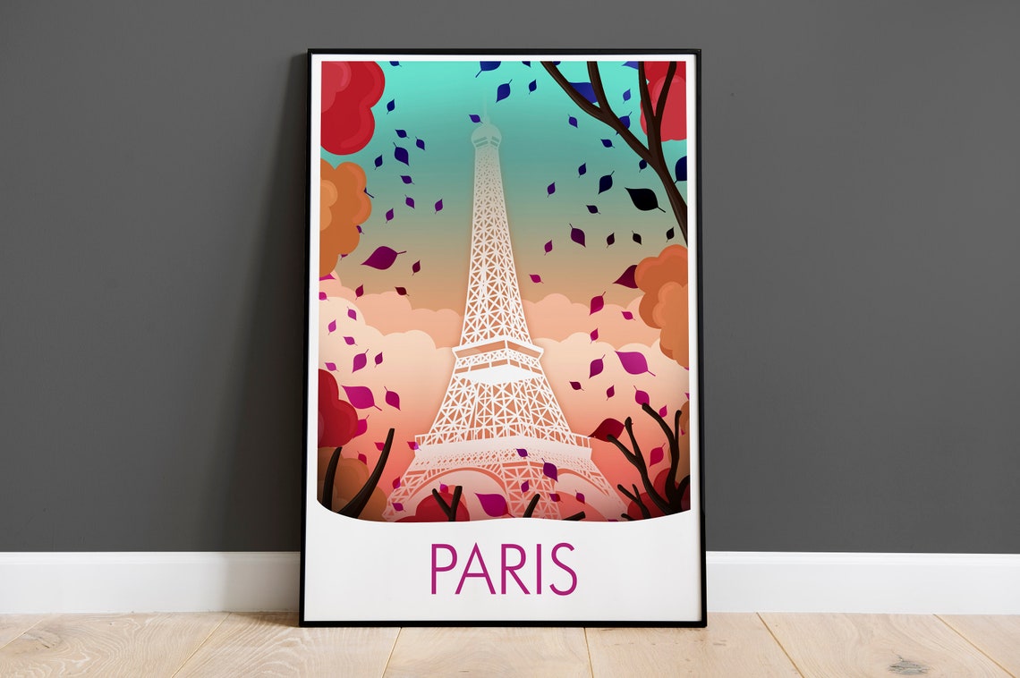Paris France Eiffel Tower Autumn Leaves Romantic City Art Poster
