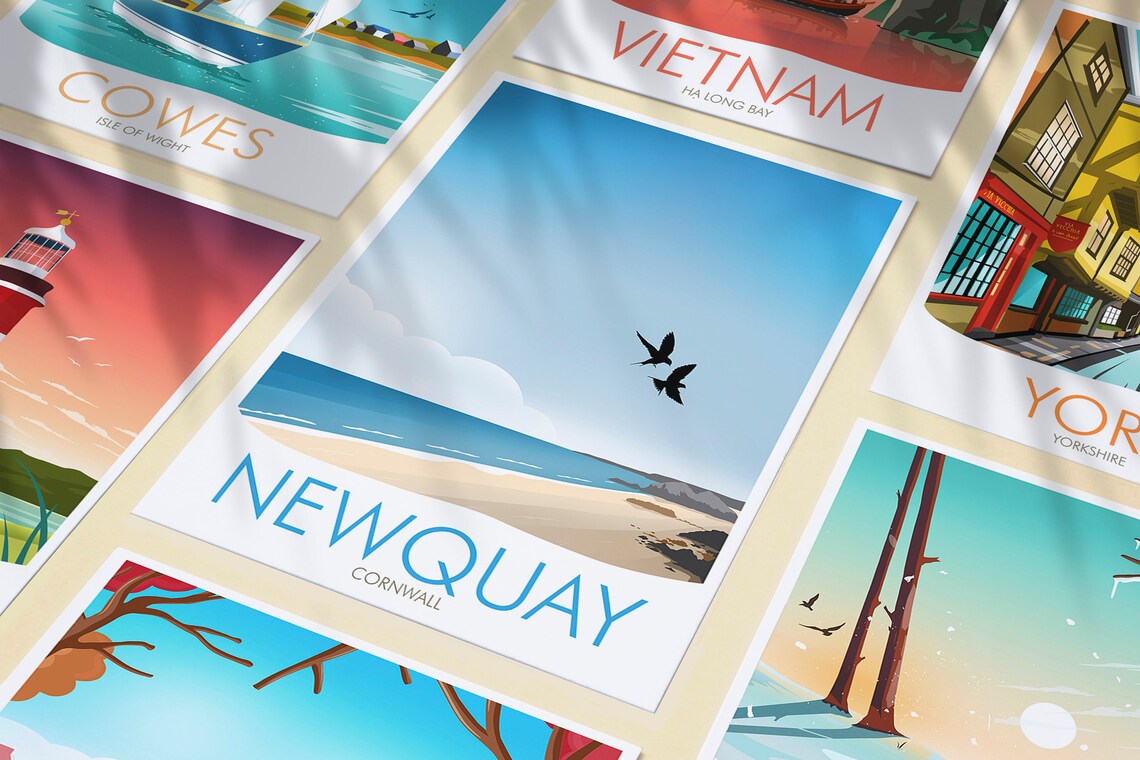 Newquay Cornwall England Minimalist Beach Seabirds Travel Poster - Image 3