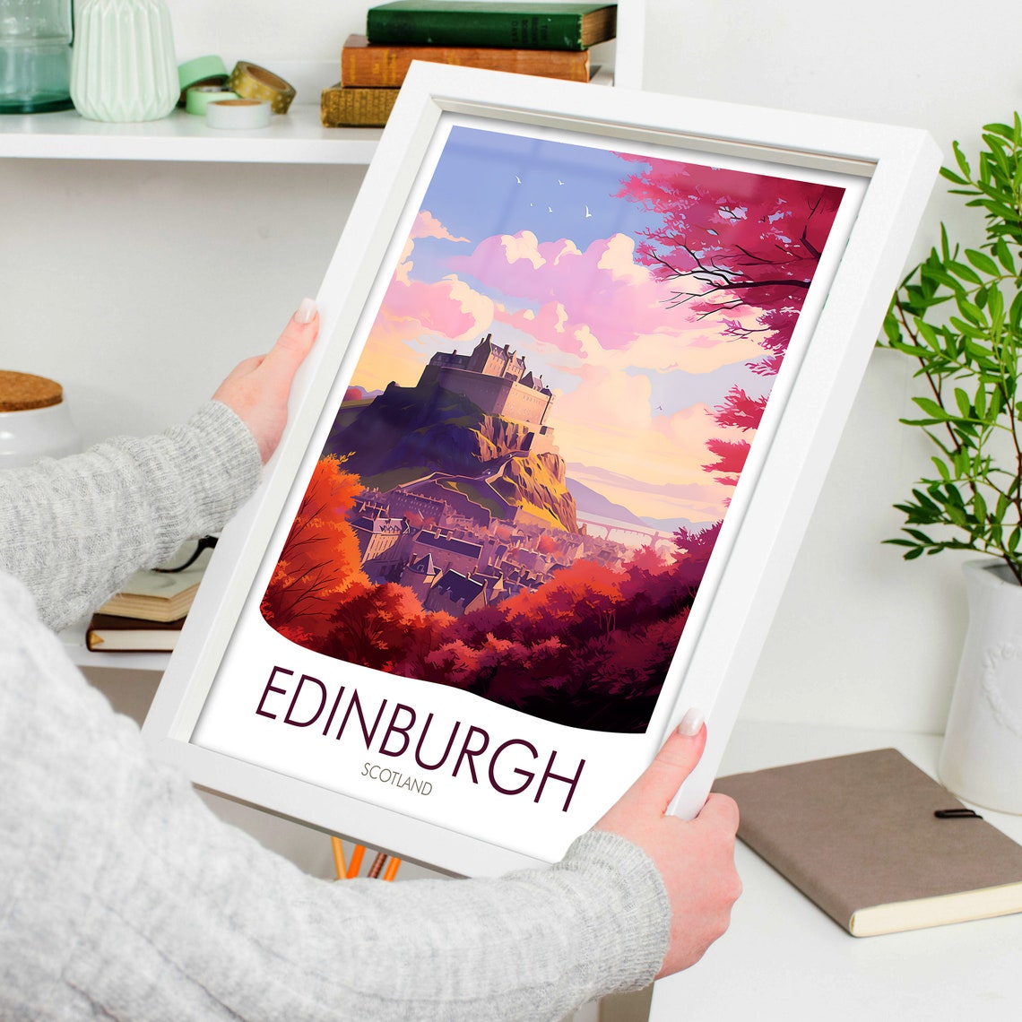 Edinburgh Scotland Castle Hill Pink Sunset Skyline Travel Poster - Image 4