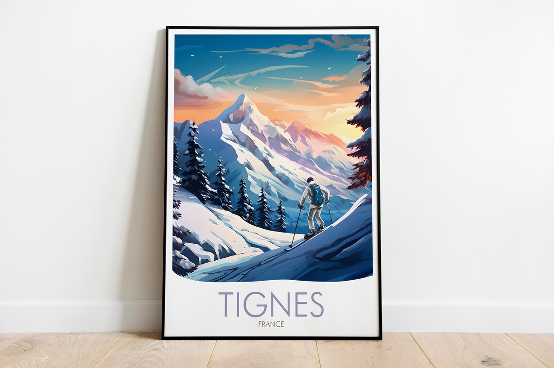 Tignes France Alpine Ski Resort Skier Snowy Peaks Sunset Poster - Image 2