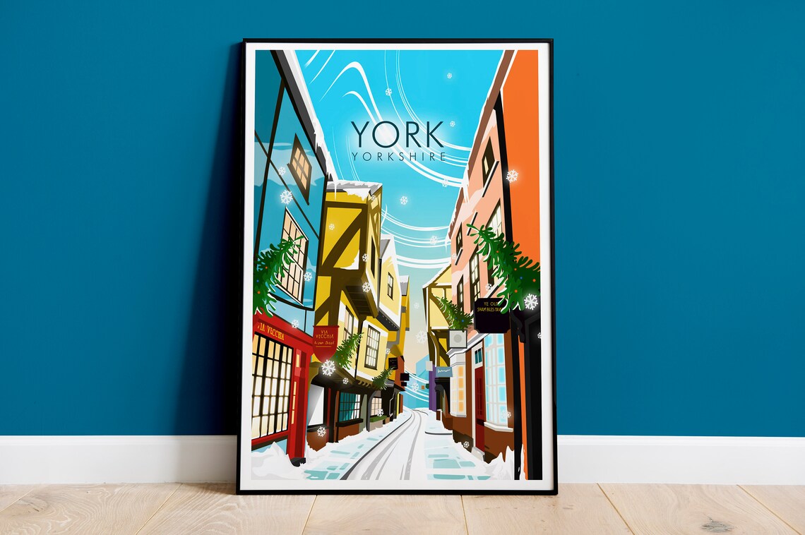 York Yorkshire Snowy Shambles Christmas Street Winter Scene Poster