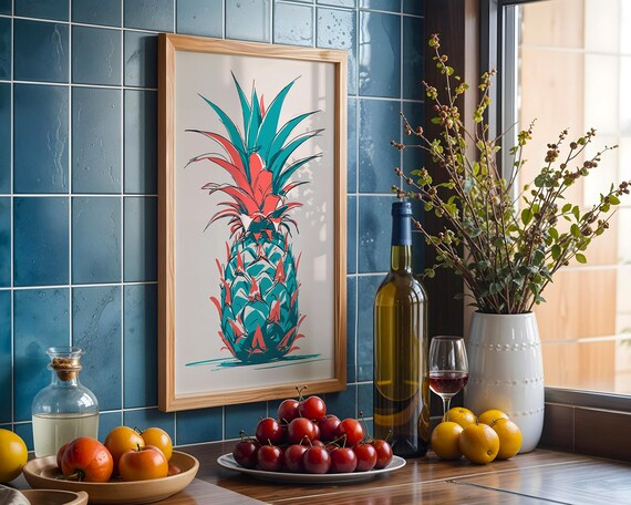Retro Pineapple Pop Art Illustration In Teal And Coral Tropical Poster