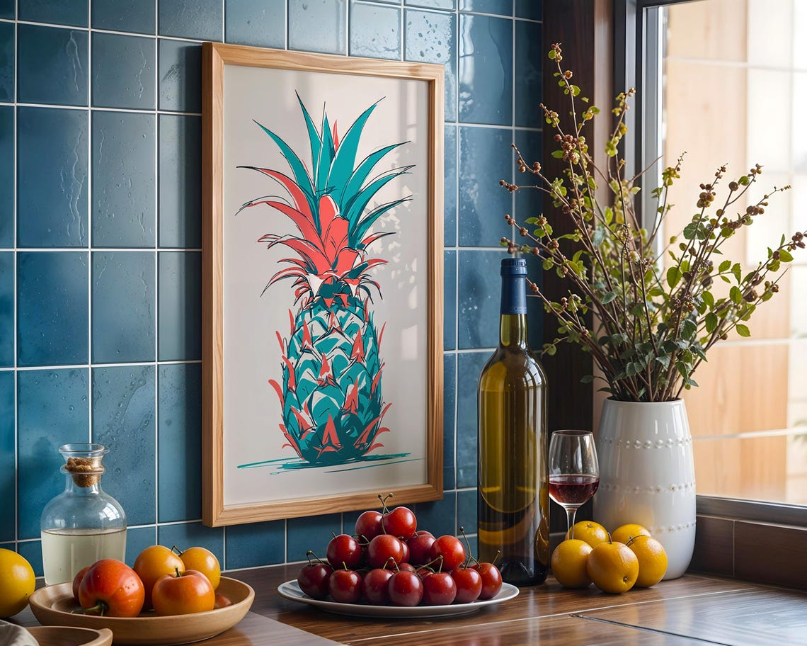 Retro Pineapple Pop Art Illustration In Teal And Coral Tropical Poster