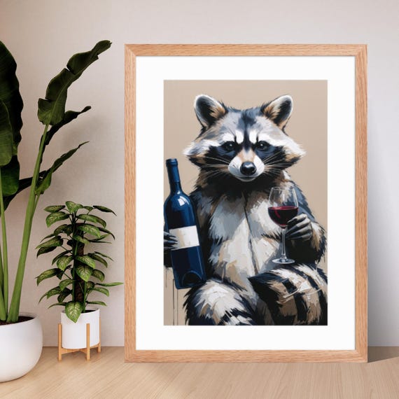 Funny Raccoon Wine Art Print Quirky Animal Home Decor