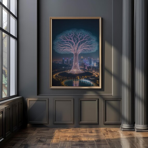 Tree Of Light Cityscape Print Futuristic Drone Art Surreal Urban Night Poster