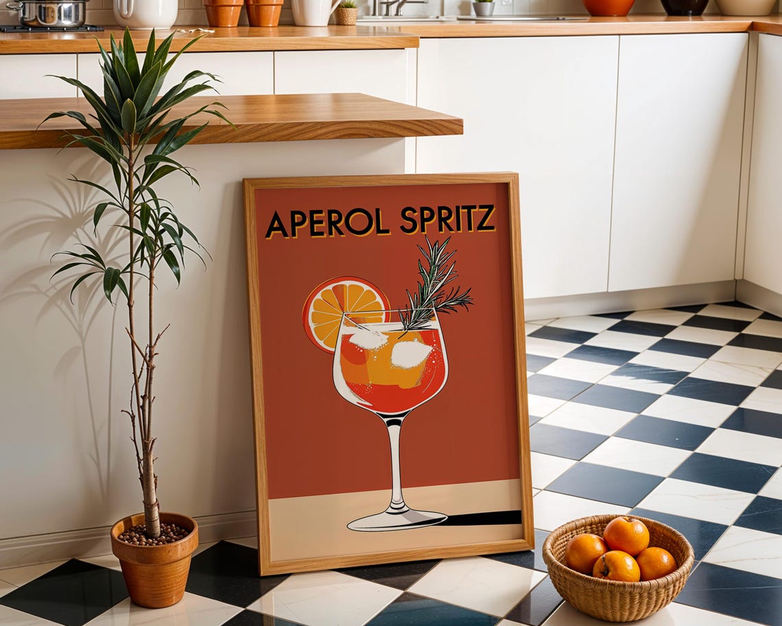 Aperol Spritz Cocktail Bold Vintage Italian Bar Cart Art Poster