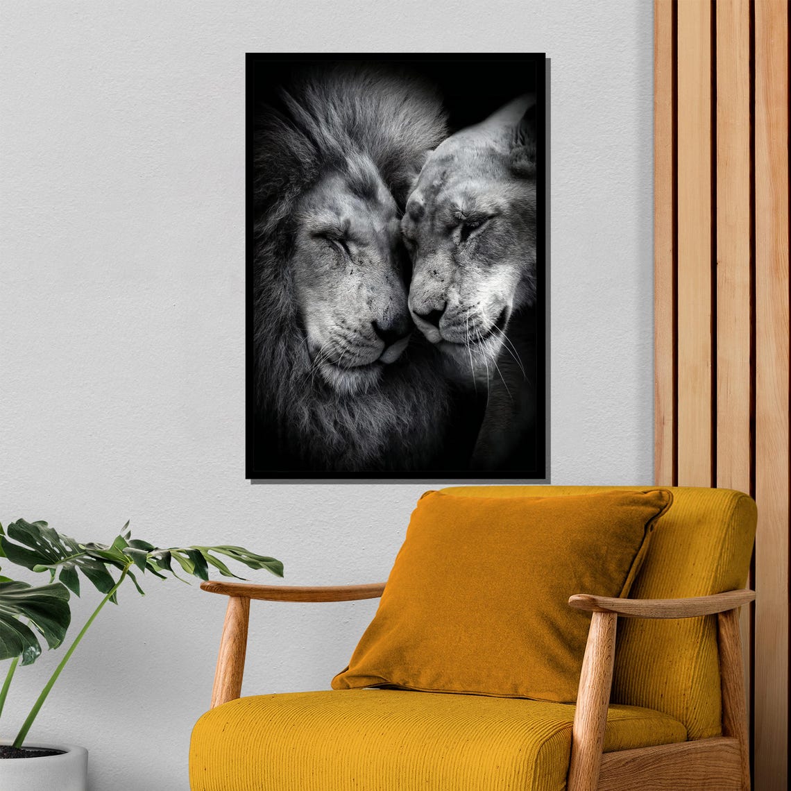 Lion Couple Nuzzling Tenderly In Intimate Monochrome Portrait Poster - Image 4