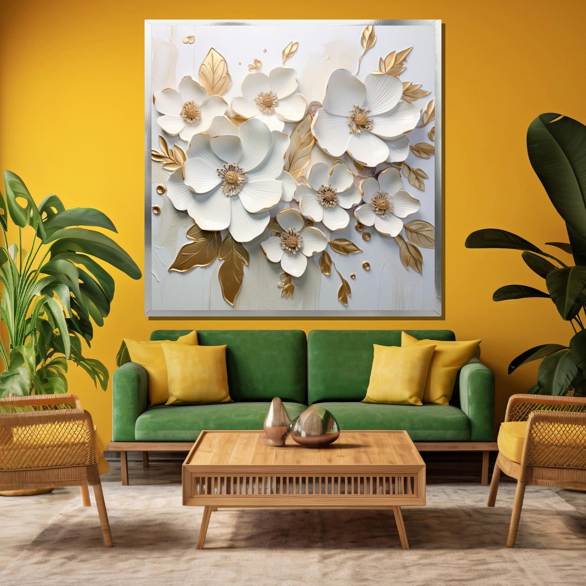White Blossoms With Gold Outlines Elegant 3D Floral Art Poster - Image 3