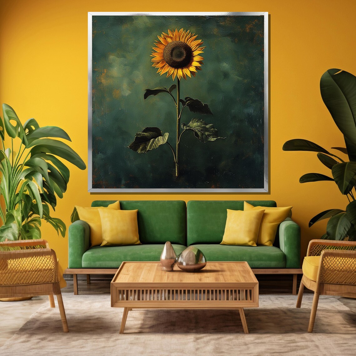 Single Sunflower On Deep Green Vintage Style Botanical Floral Poster - Image 3