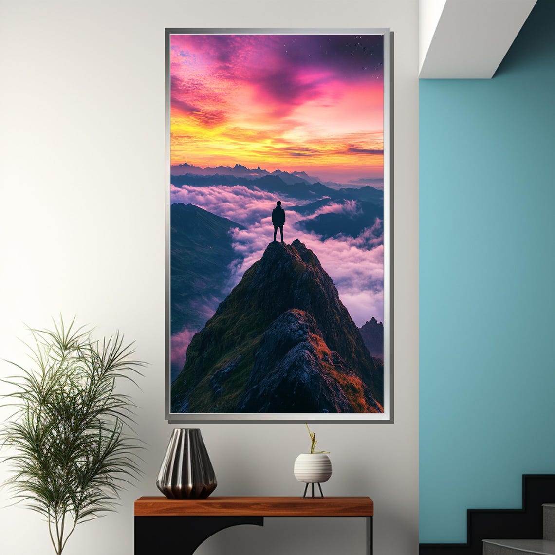Silhouetted Hiker Above Sunset Clouds on Mountain Peak Poster - Image 3