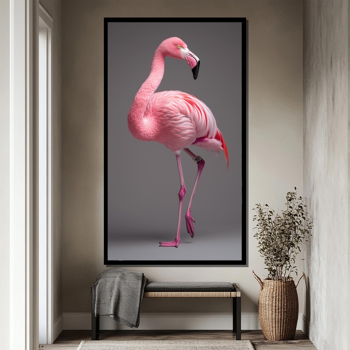 Rosy Grace Pink Flamingo Standing Tall Against Grey Wall Poster - Image 4