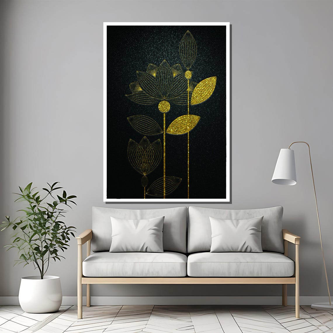 Minimalist Gold Lotus Line Art On Black Dark Background Poster - Image 2