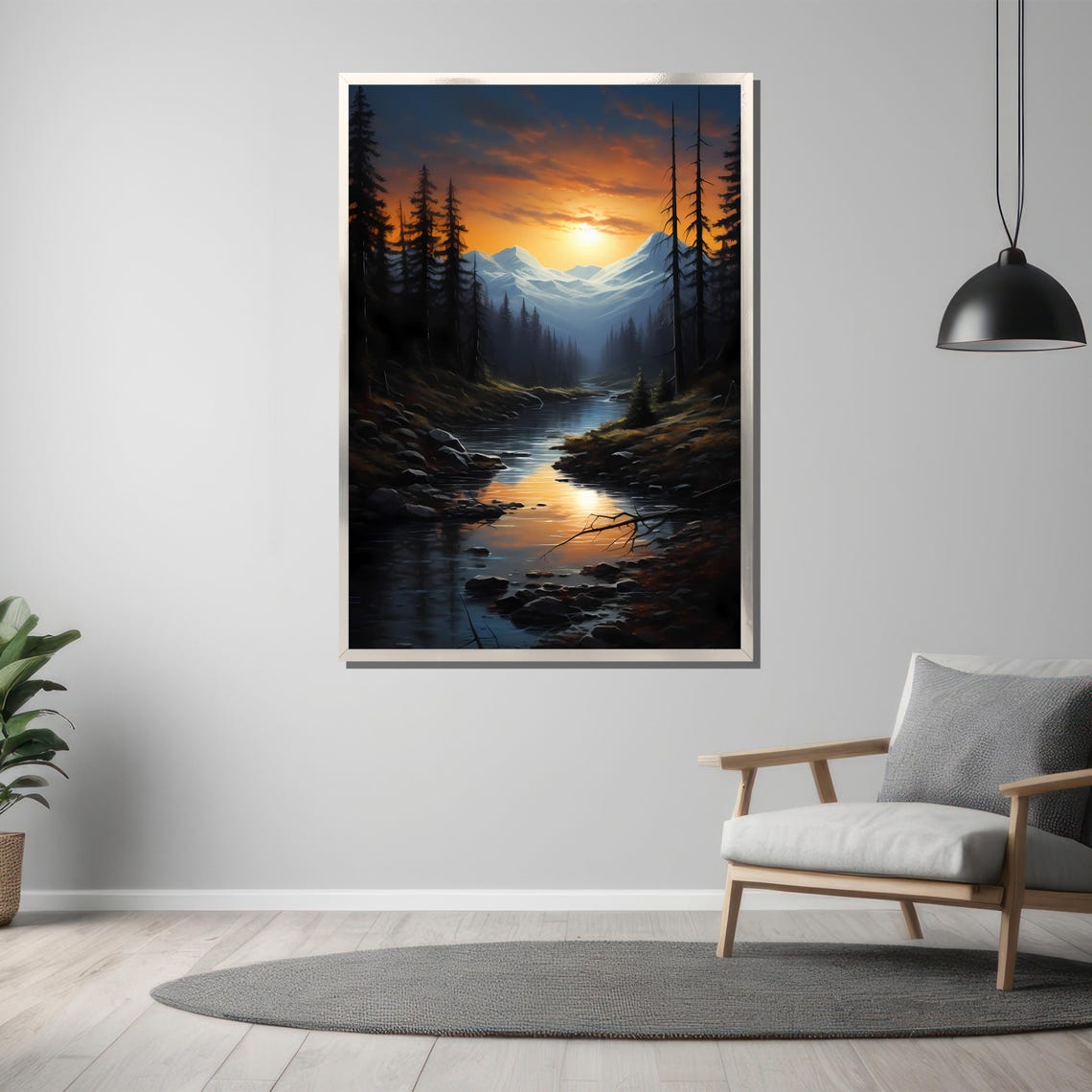 Tranquil Sunset Over Mountain Stream Painting Scenic Wilderness Landscape Peaceful Forest Art Perfect Nature Gift For Wall Decor - Image 3