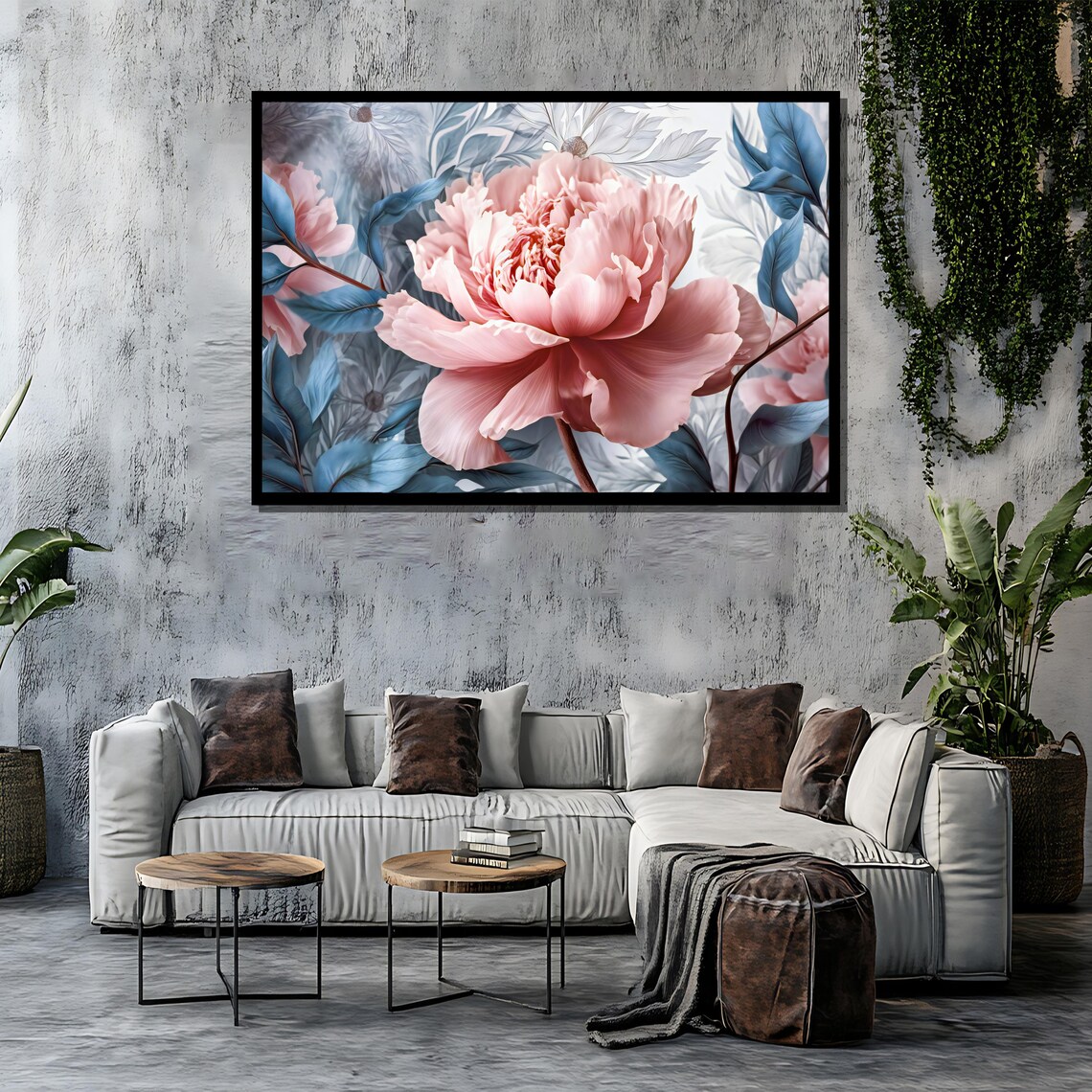 Romantic Pink Peony Pastel Blue Leaves Large Floral Art Poster - Image 4