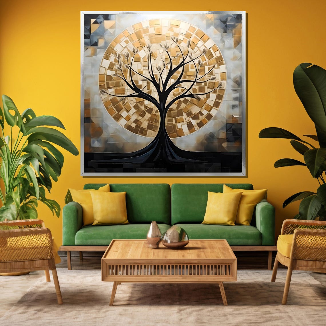 Black Tree Silhouette With Golden Mosaic Moon Circle Art Poster - Image 3