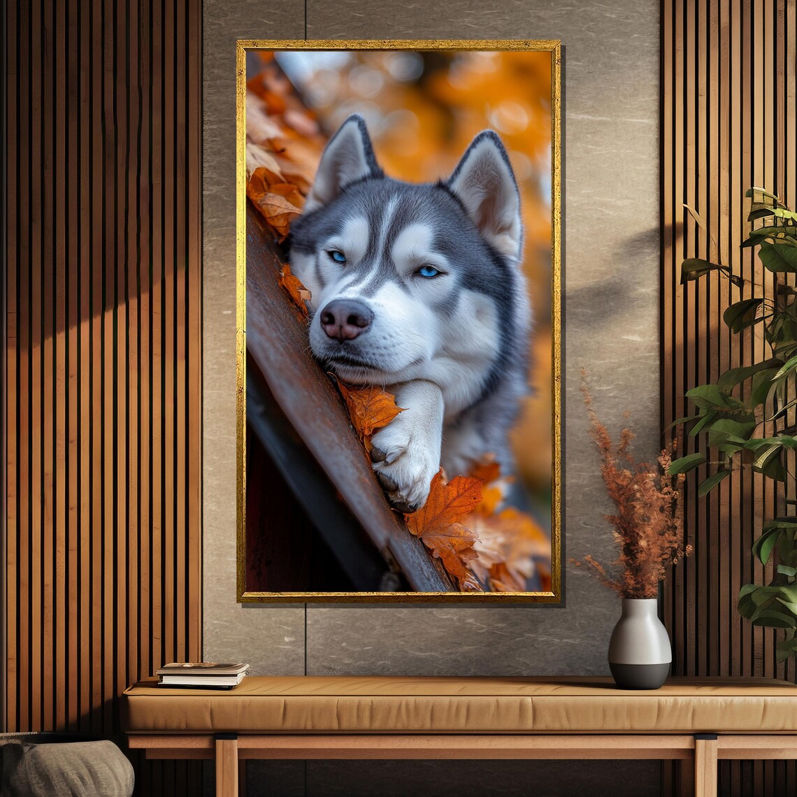 Siberian Husky Blue Eyes Autumn Leaves Resting Dog Art Poster - Image 5