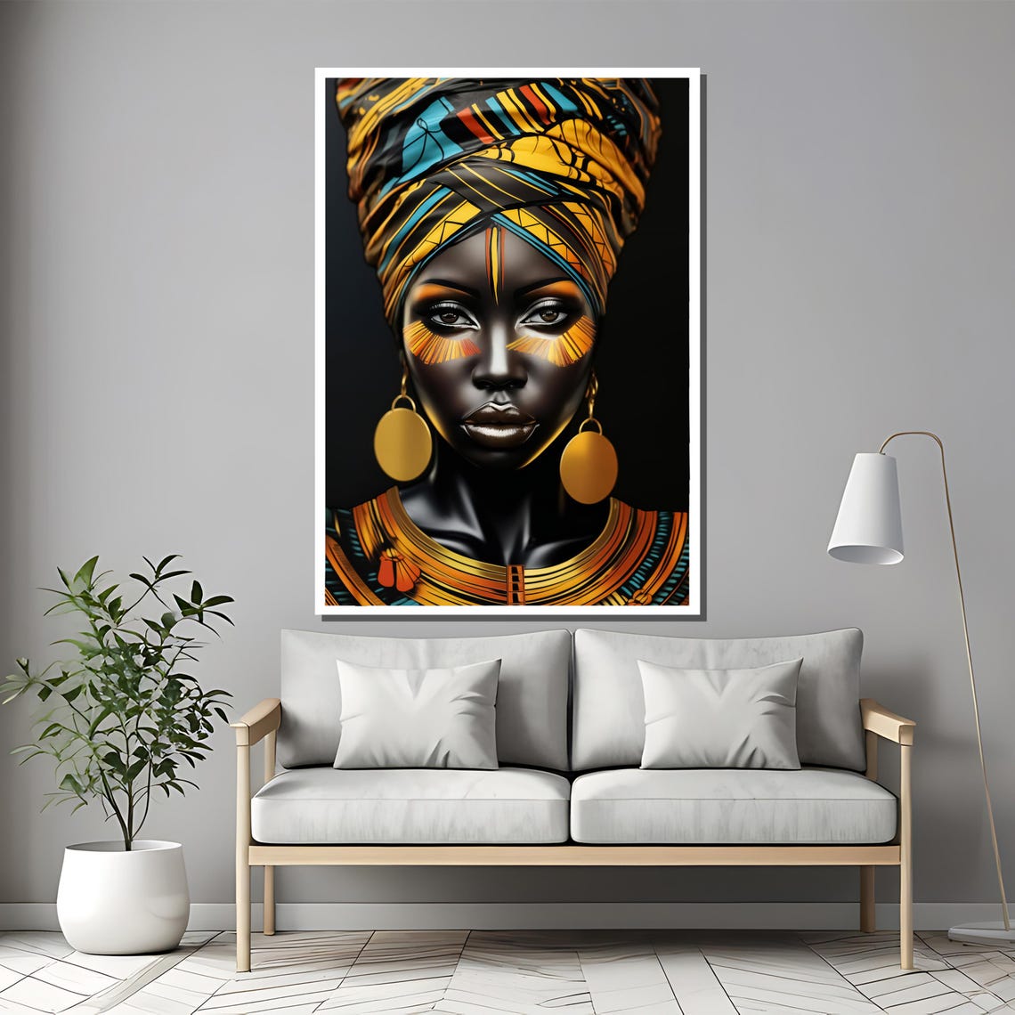Bold African Queen In Yellow Patterned Headwrap Tribal Art Poster - Image 2