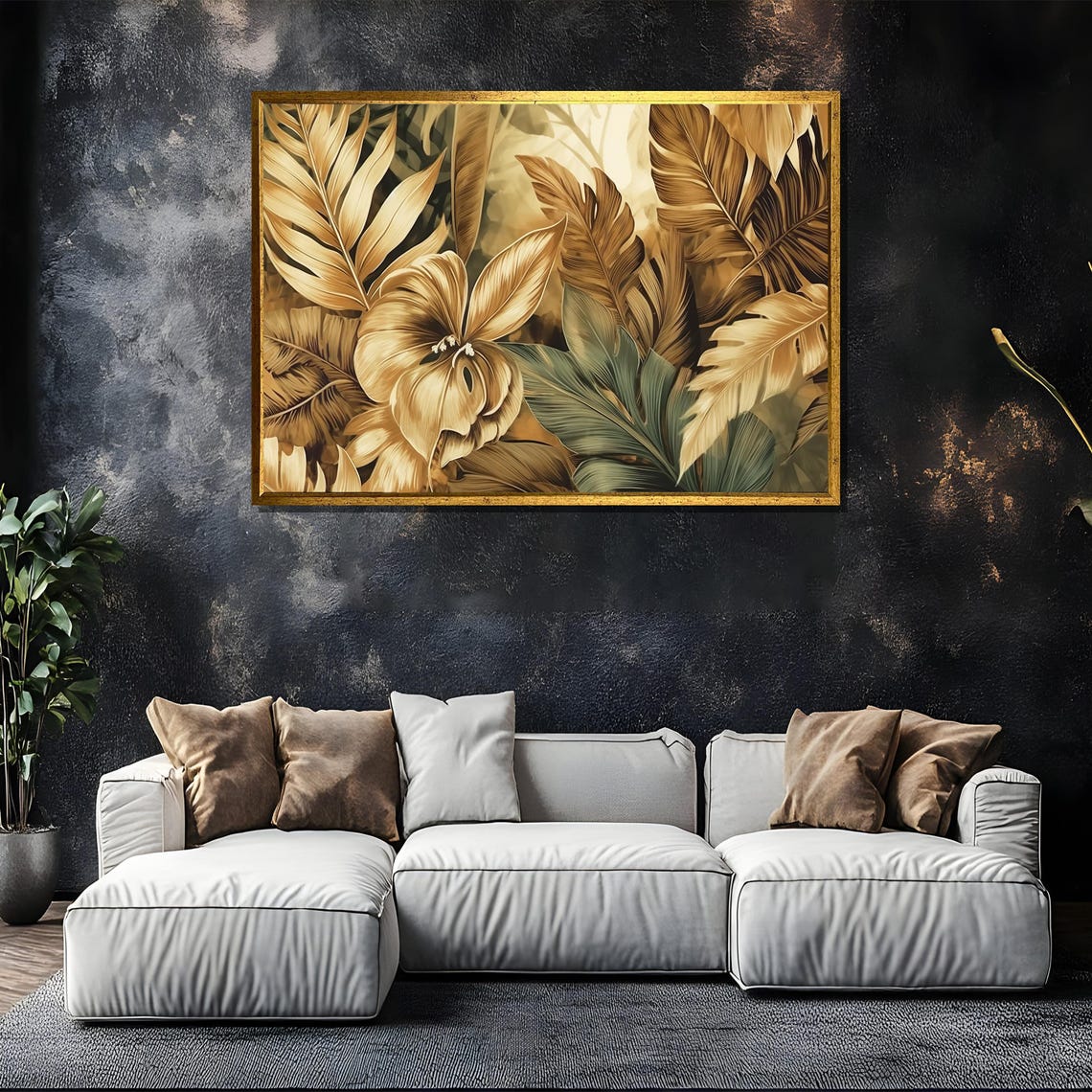 Golden Tropical Leaves and Bloom Botanical Wall Painting Poster - Image 5