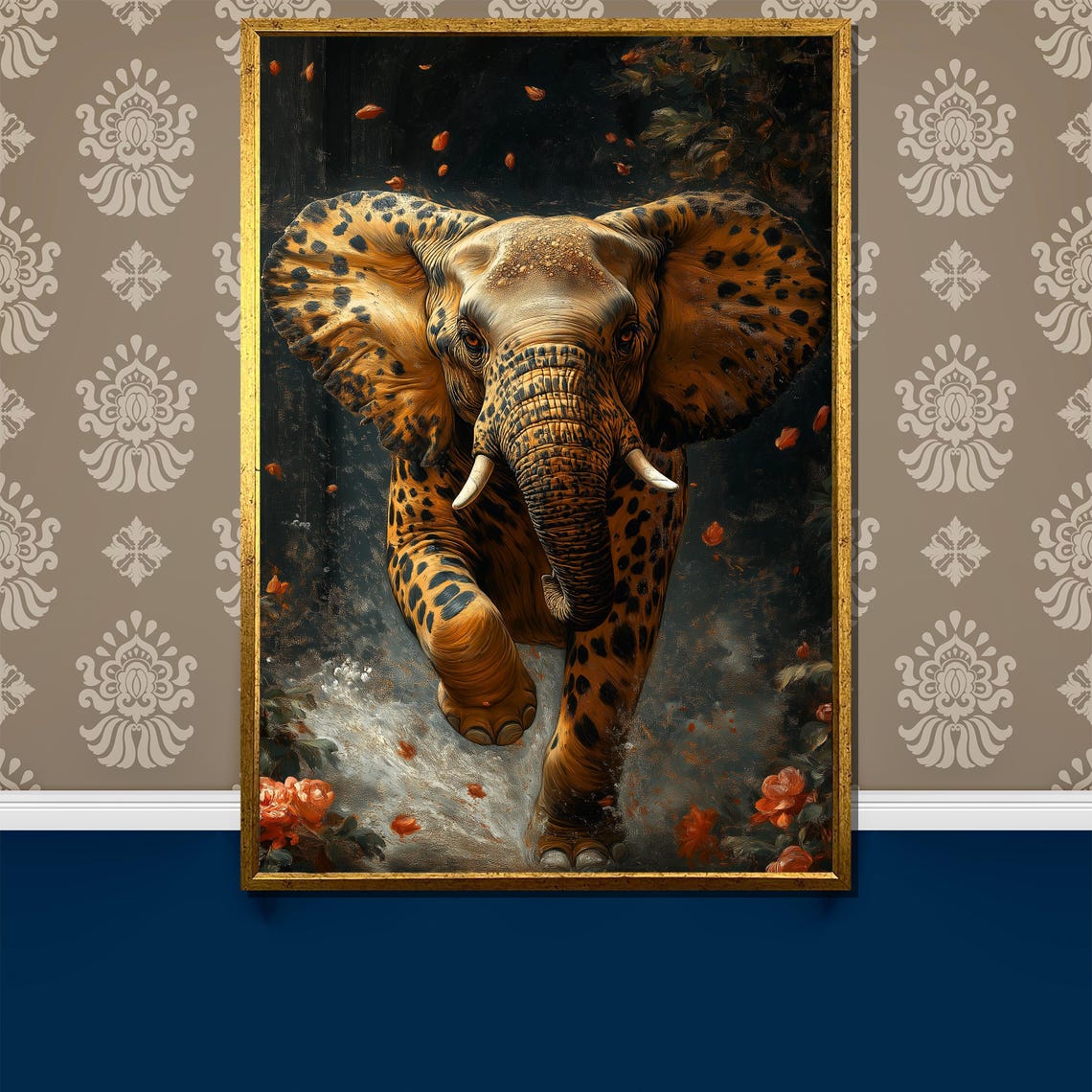 Spotted Giant Cheetah Patterned Elephant Walking in Jungle Poster