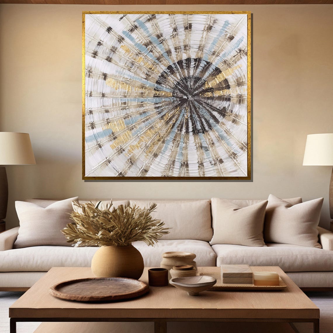 Radial Sunburst Swirl White Gray Gold Abstract Painting Poster