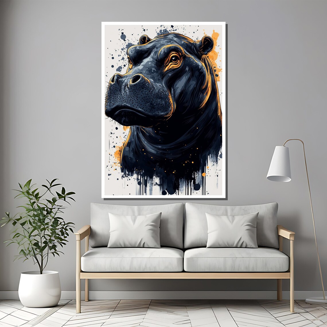 Golden Hour Hippo Bold Ink Splatter Wildlife Portrait Art Poster - Image 2